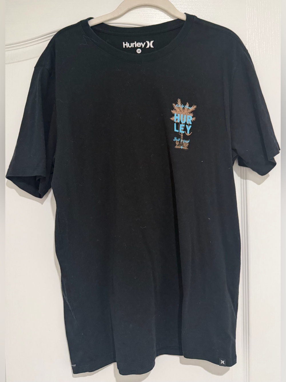 Hurley Black Short-Sleeve Tee with Blue and Brown Palm Graphic